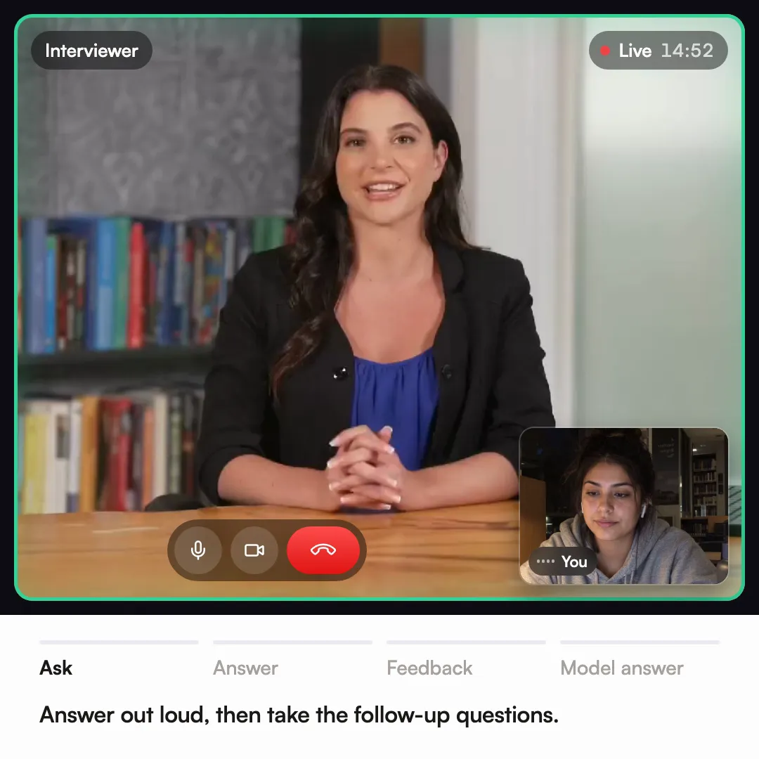 A live Confetto mock interview call: the AI interviewer asks an MMI question, you answer out loud with live captions, then you get a score report and a model answer
